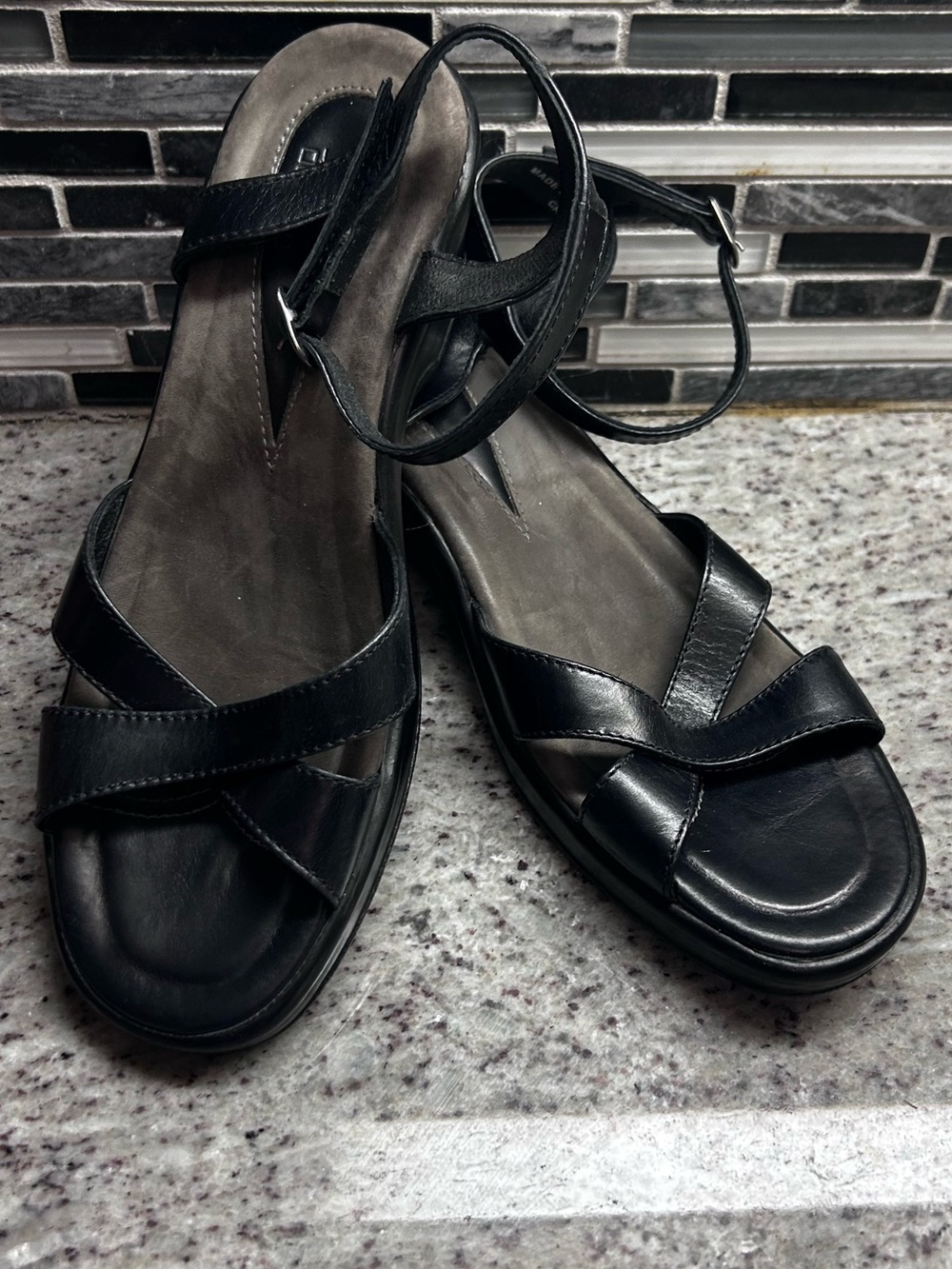 Dansko Black Women's Strappy Ankle-Wrap Sandals with wedge heel size 39=8.5